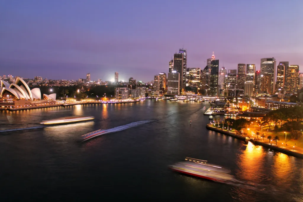 Sydney Harbour at night time, beautiful city lights